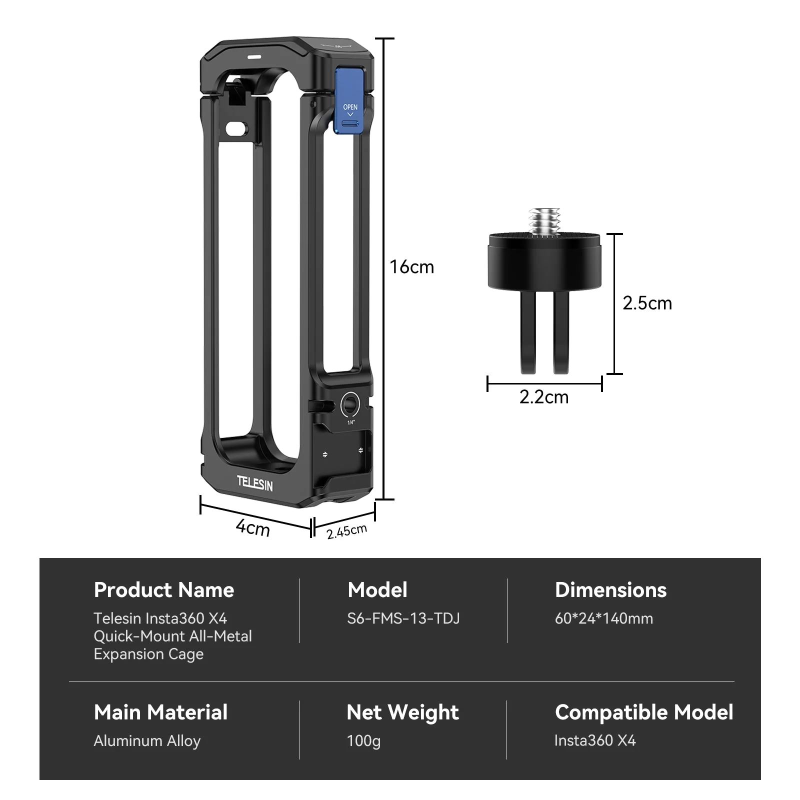 Telesin Full Metal Expansion Cage For Insta360 X4 - Image 10