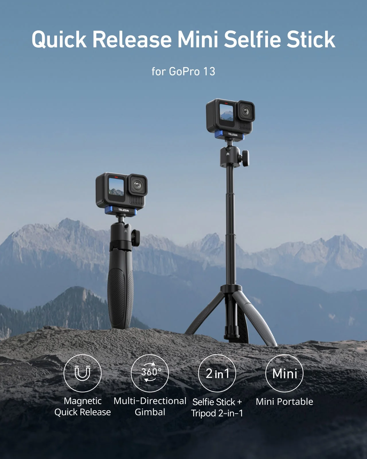 TELESIN Quick-Release Selfie Stick for GoPro 13 - Image 3